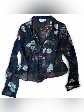 Kay Unger 100%silk Black Sheer Floral Button-Front Jacket
